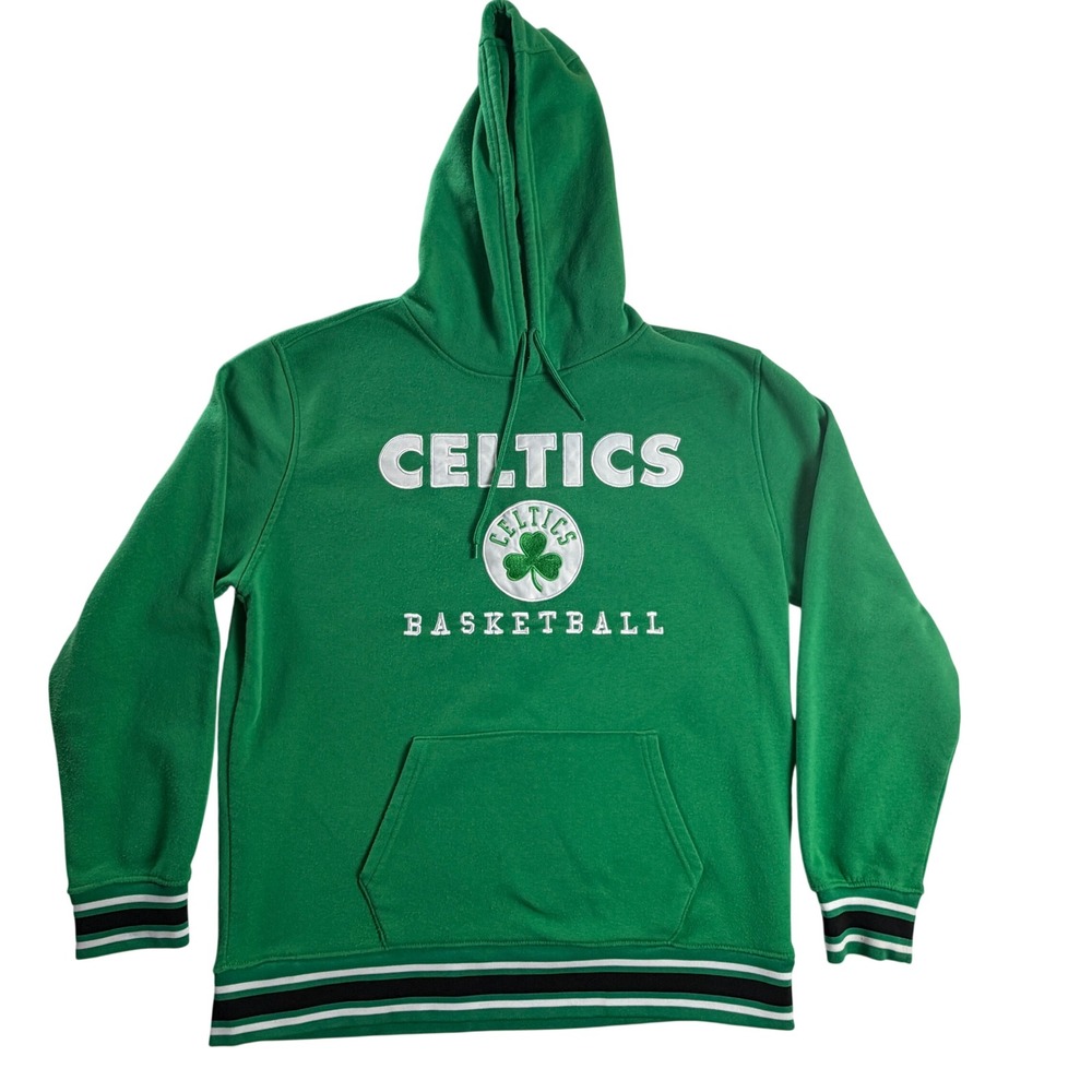 Boston Celtics NBA Hoodie Men XL Green Embroidered Shamrock Striped Trim